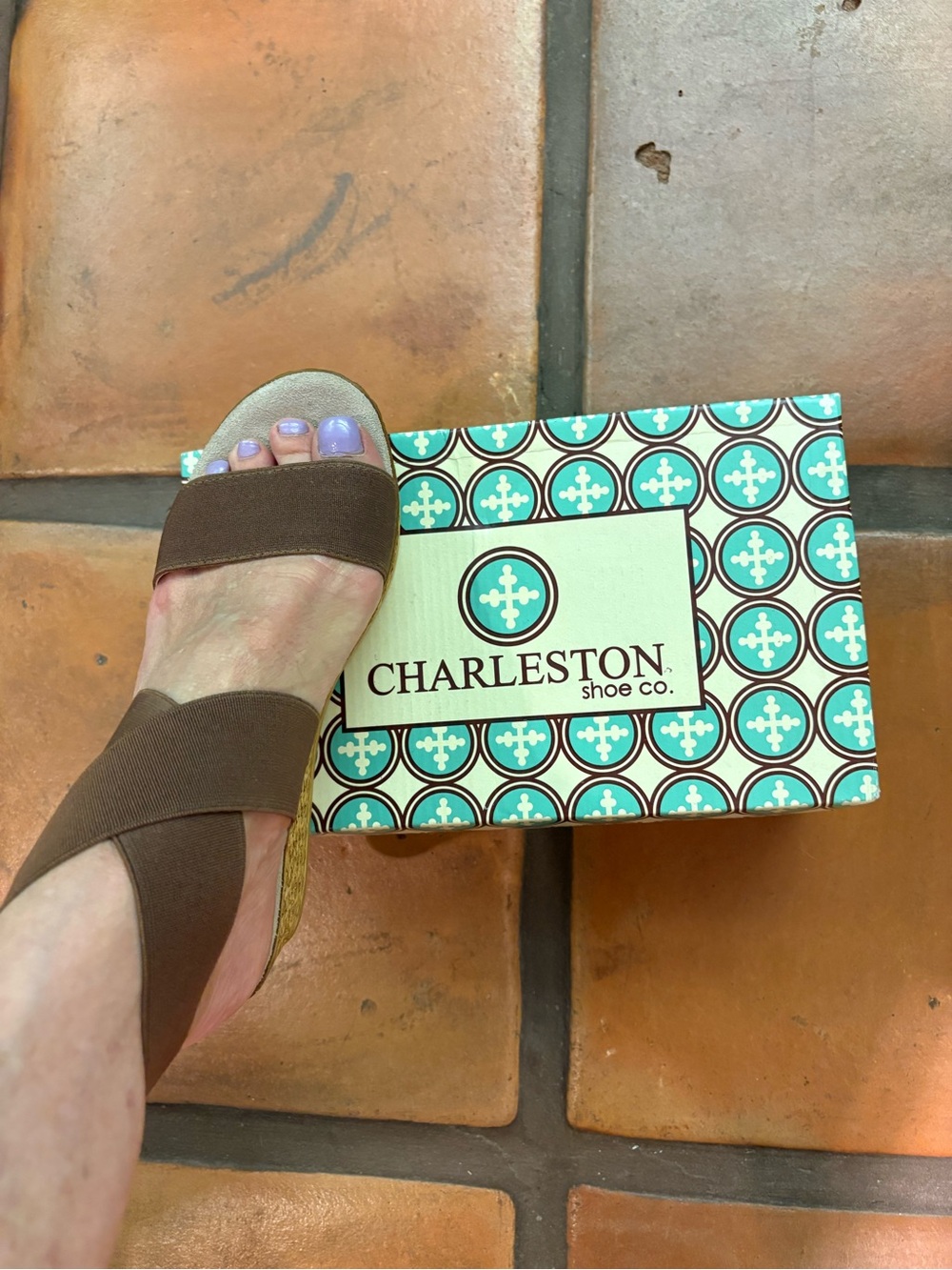 CHARLESTON SHOE CO. Tobacco Brown Wedge Sandals Box Label